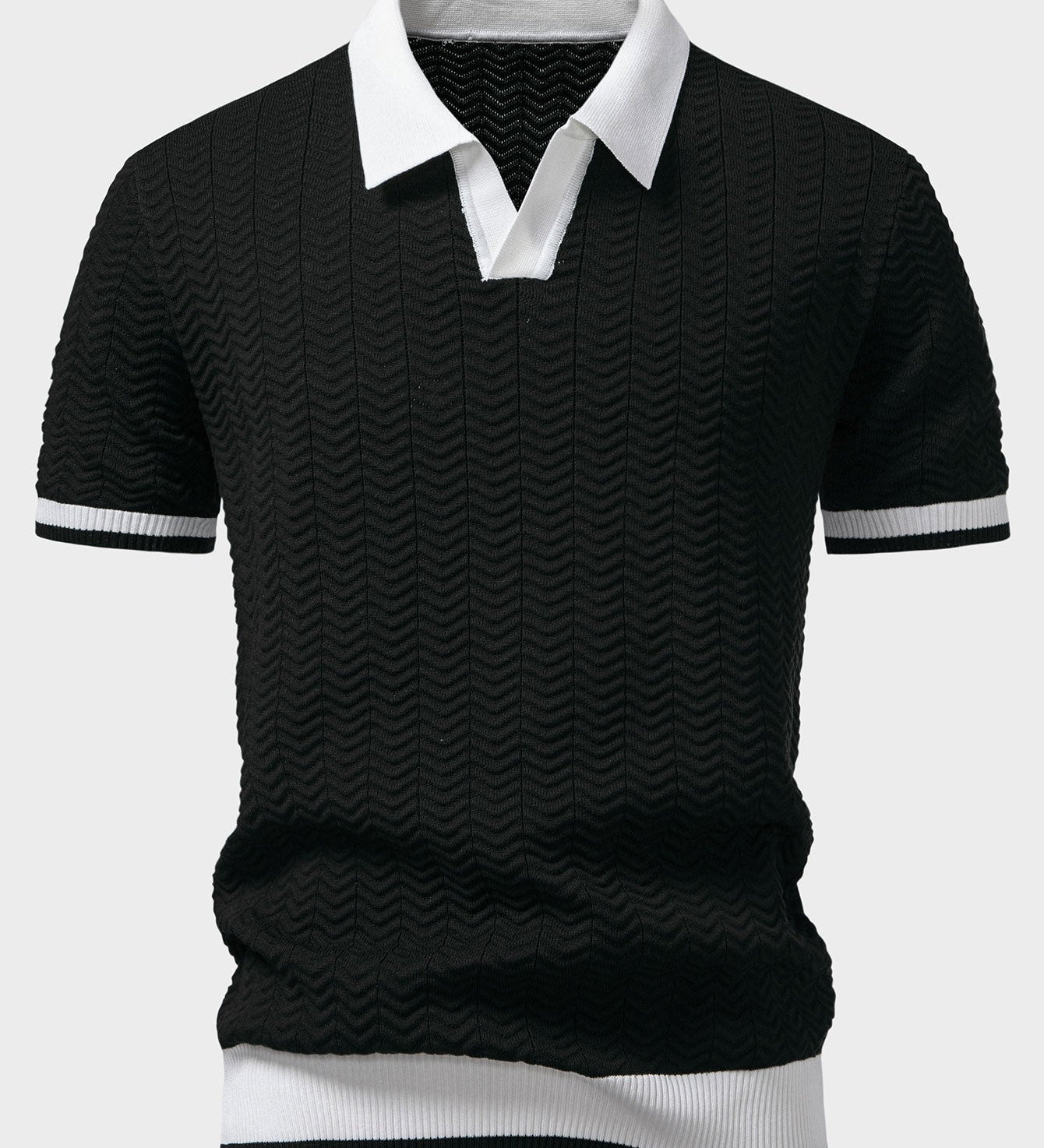 Texture Contrast Knitted V Neck Polo Shirt
