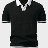 Texture Contrast Knitted V Neck Polo Shirt