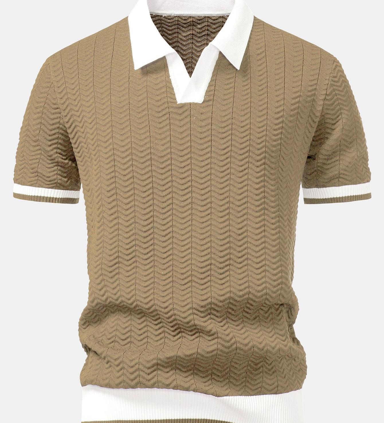 Texture Contrast Knitted V Neck Polo Shirt