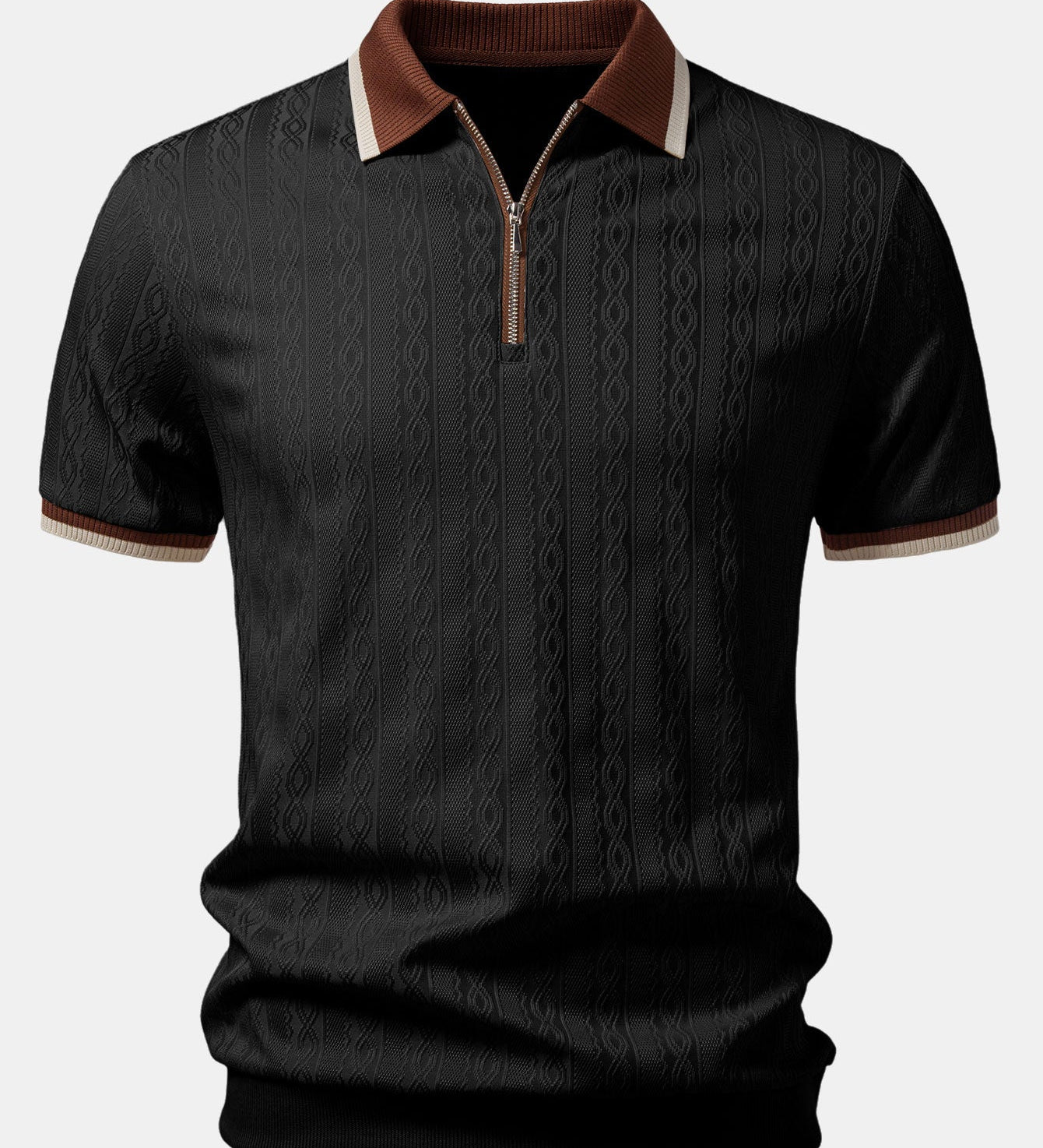 Contrast Trim Textured Zipper Knit Polo