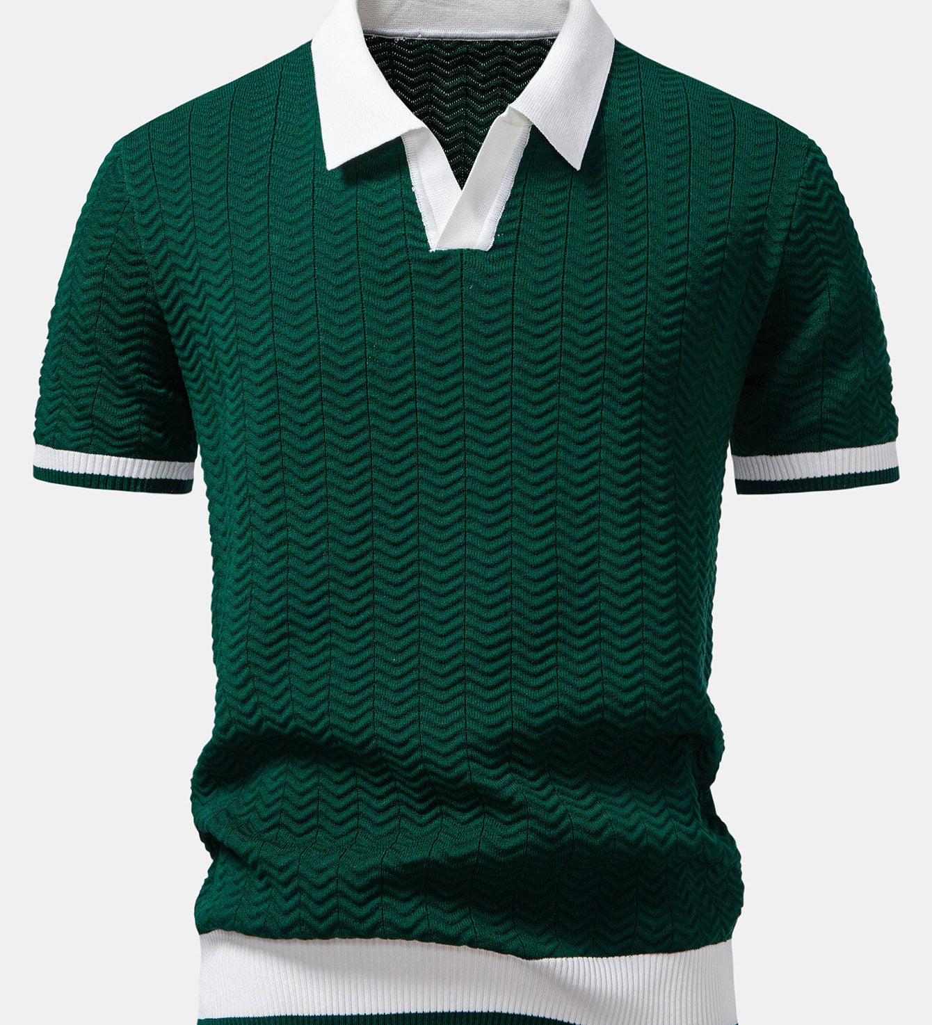 Texture Contrast Knitted V Neck Polo Shirt