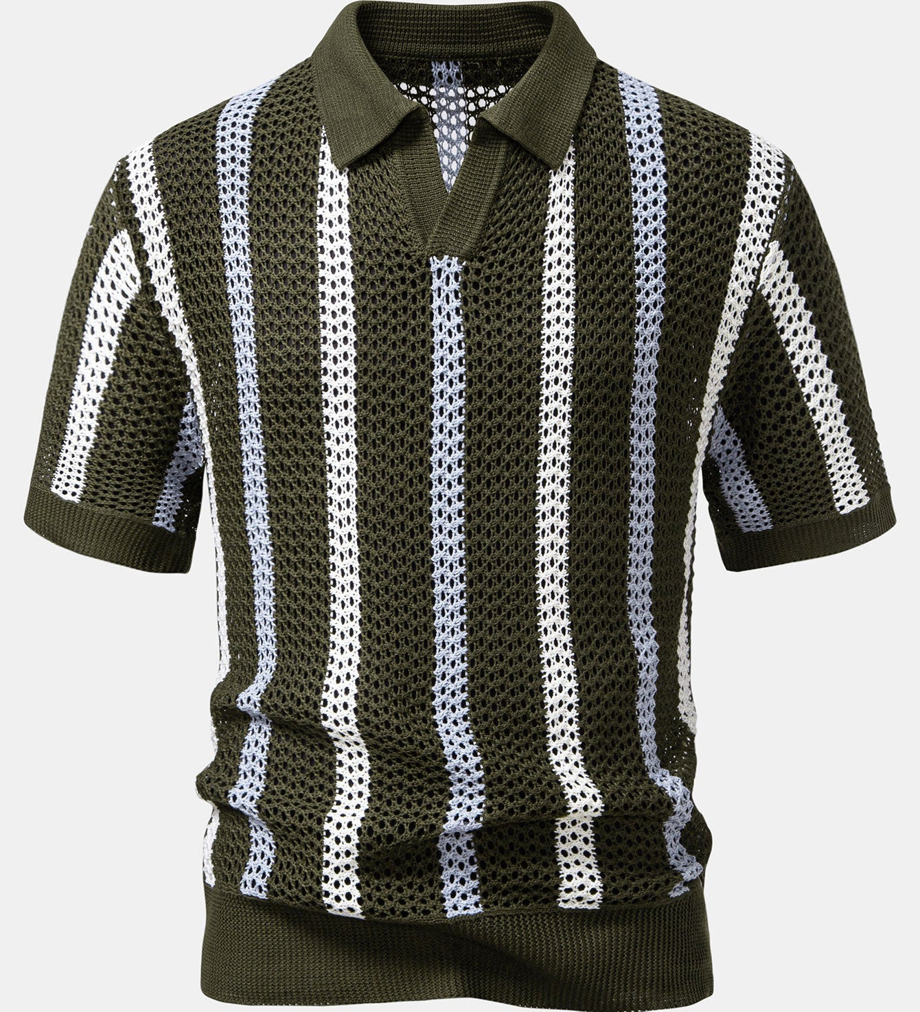 Striped Crochet V Neck Polo