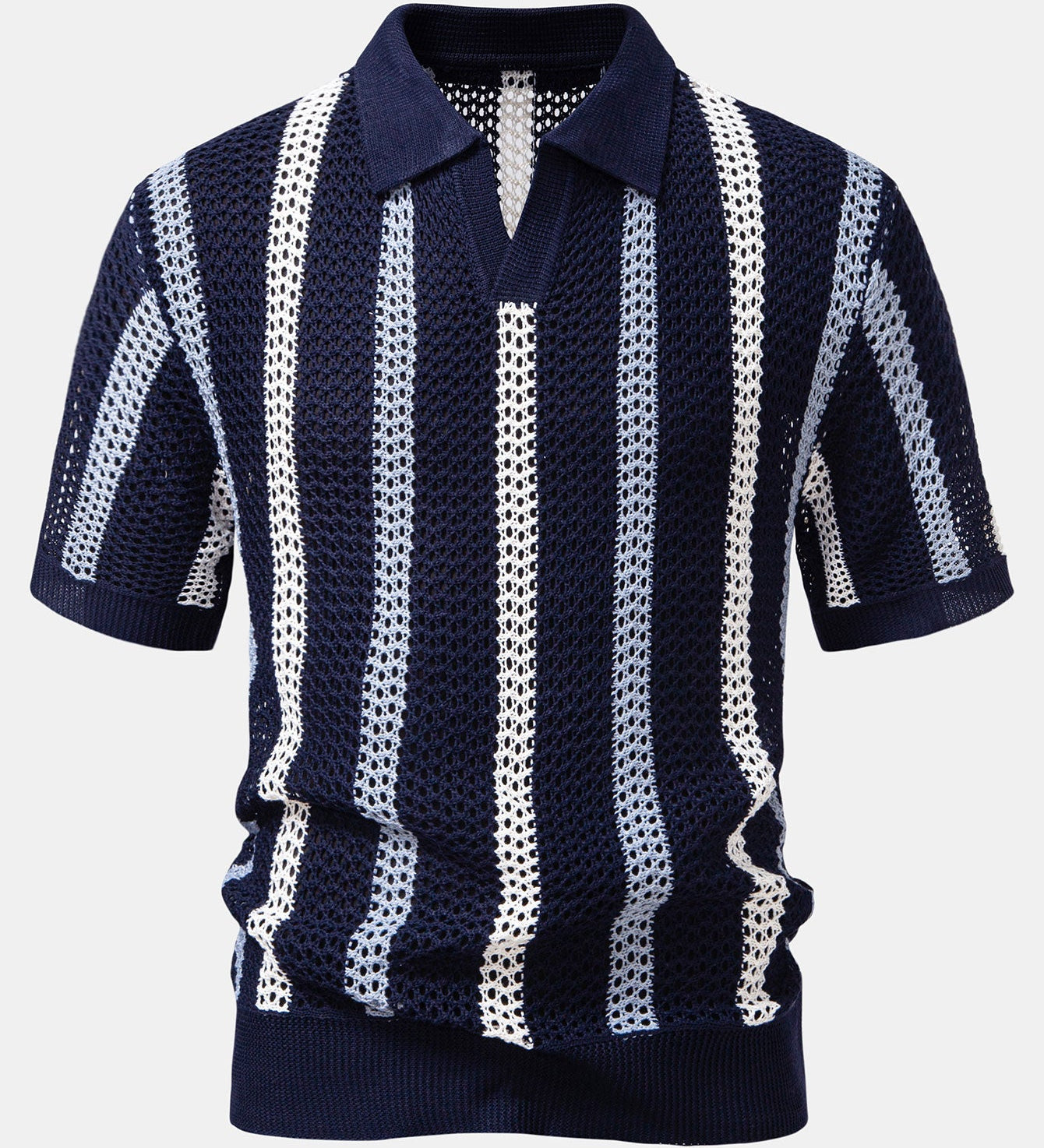 Striped Crochet V Neck Polo